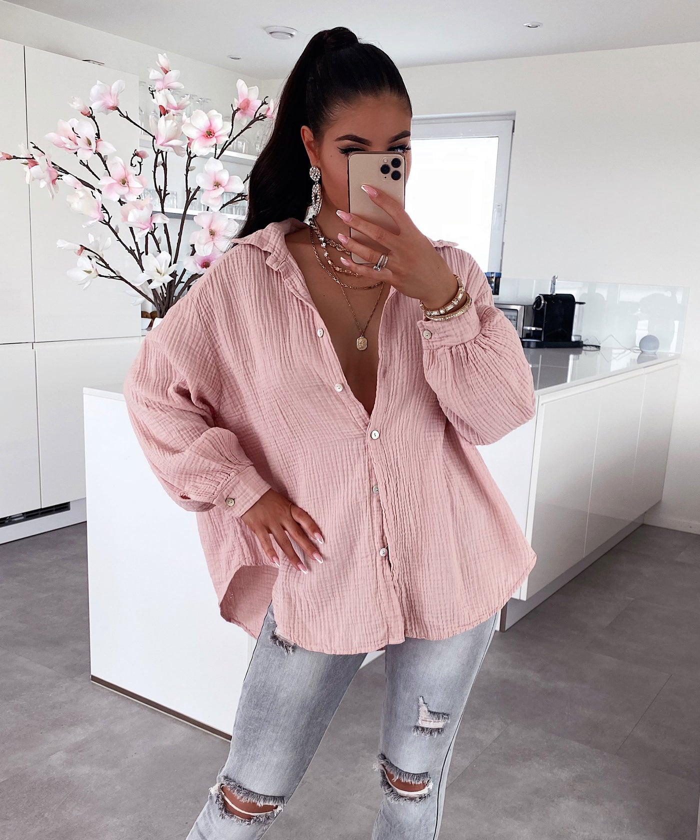 Oversize Musselin Bluse Freya Rosa Kurz  Ladypolitan - Fashion Onlineshop für Damen   