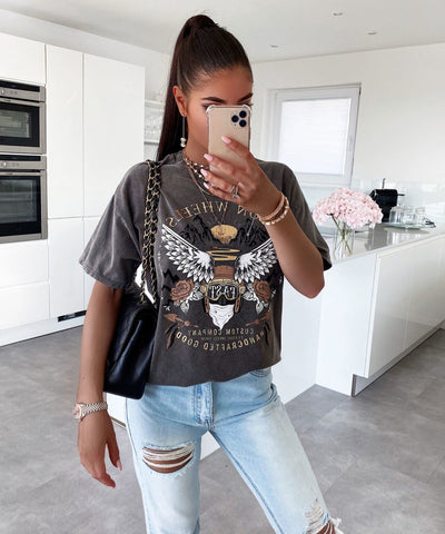 T-Shirt Wheels Vintage Dunkelbraun  Ladypolitan - Fashion Onlineshop für Damen   