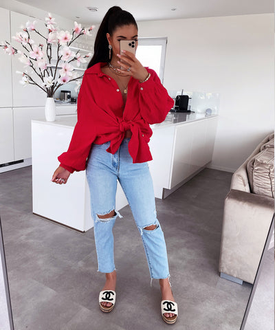 Oversize Musselin Bluse Freya Rot Kurz  Ladypolitan - Fashion Onlineshop für Damen   