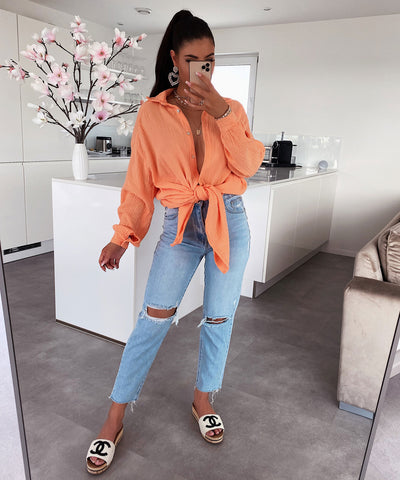 Oversize Musselin Bluse Freya Pastel Orange Lang  Ladypolitan - Fashion Onlineshop für Damen   